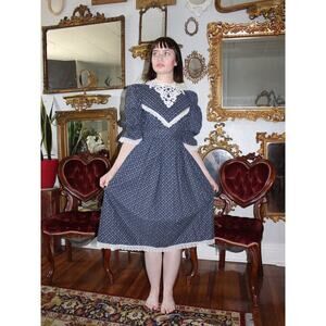 Gunne Sax Blue Dress Navy with White Lace